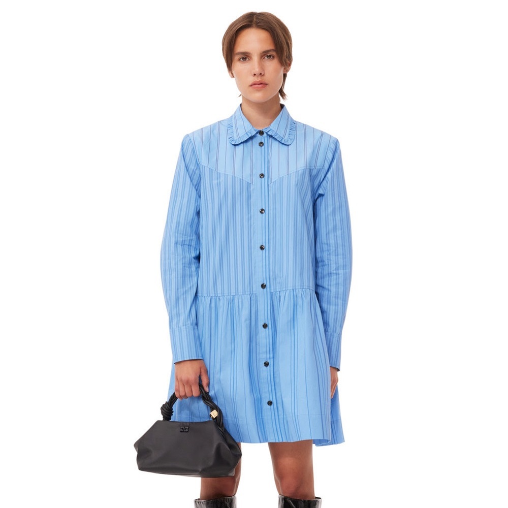 Ganni Blue Striped Button Down Mini Shirt Dress